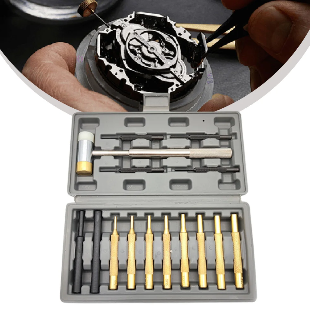 Efficient 15 Piece Roll Pin Punch Set with Organized Plastic Case and Removable Dual Head Hammer for Precision Work