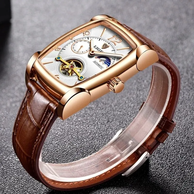 LIGE-Montre mécanique automatique étanche pour homme, montre-bracelet de sport d'affaires, ceinture en cuir, horloge masculine, nouveau, 2024