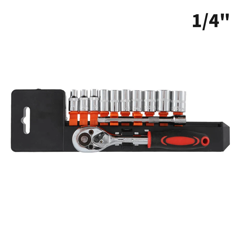 12pcs Ratchet Wrench Socket Set Quick-release Reversible Drive Handle CR-V Chrome Vanadium Steel Repair 1/4 Connector