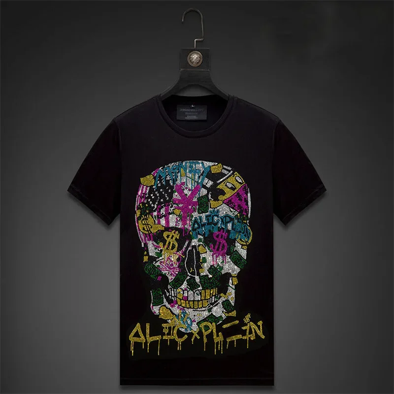 

2025 новые футболки с короткими рукавами и черепами, мужская летняя одежда, красочные стразы, модная уличная одежда, хлопковые футболки с круглым вырезом, большие размеры