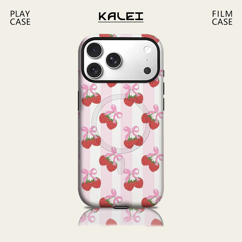 Blush & White Stripe Erdbeer-Handyhülle für iPhone 17 16 15 14 13 Pro Max Plus für magnetische einzelne doppelschichtige robuste Hülle