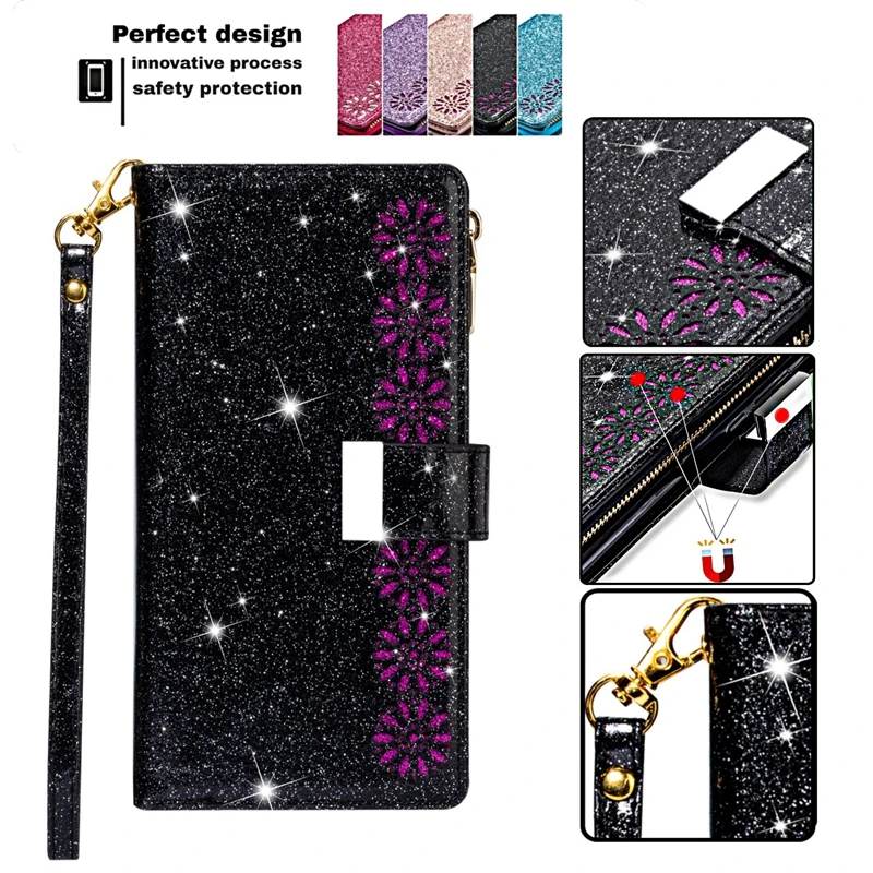 

Wallte Laser Glitter Leather Case For Samsung Galaxy S23 Ultra S22 S21 Plus S20 FE A71 A54 A53 A52 A51 A34 A33 A14 Note 20 10 9