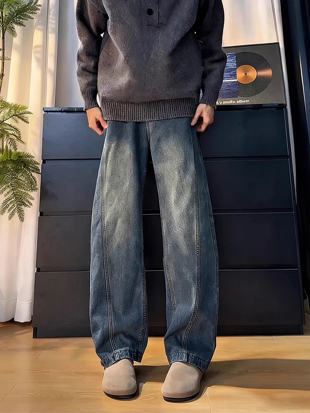 

Мужские зимние джинсы-брюки в стиле ретро, синие, на флисовой подкладке, свободного кроя, зауженные к низу, в американском стиле, длинные