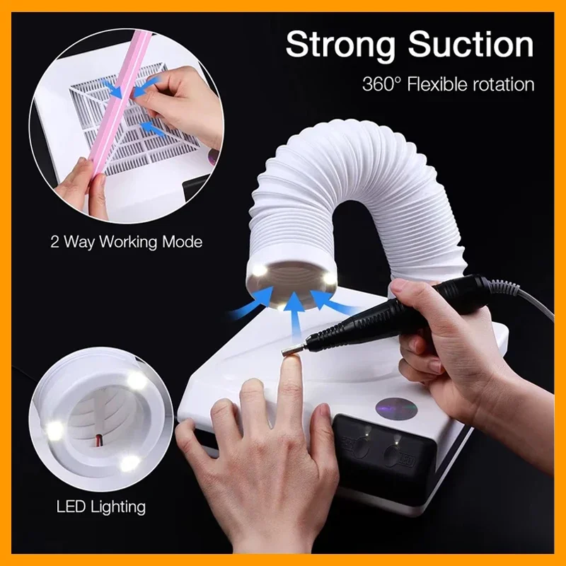 

60 Вт двойной пылесборник для ногтей, выдвижной локтевой дизайн, пылесборник для ногтей, вентилятор, пылесос для ногтей с трубкой