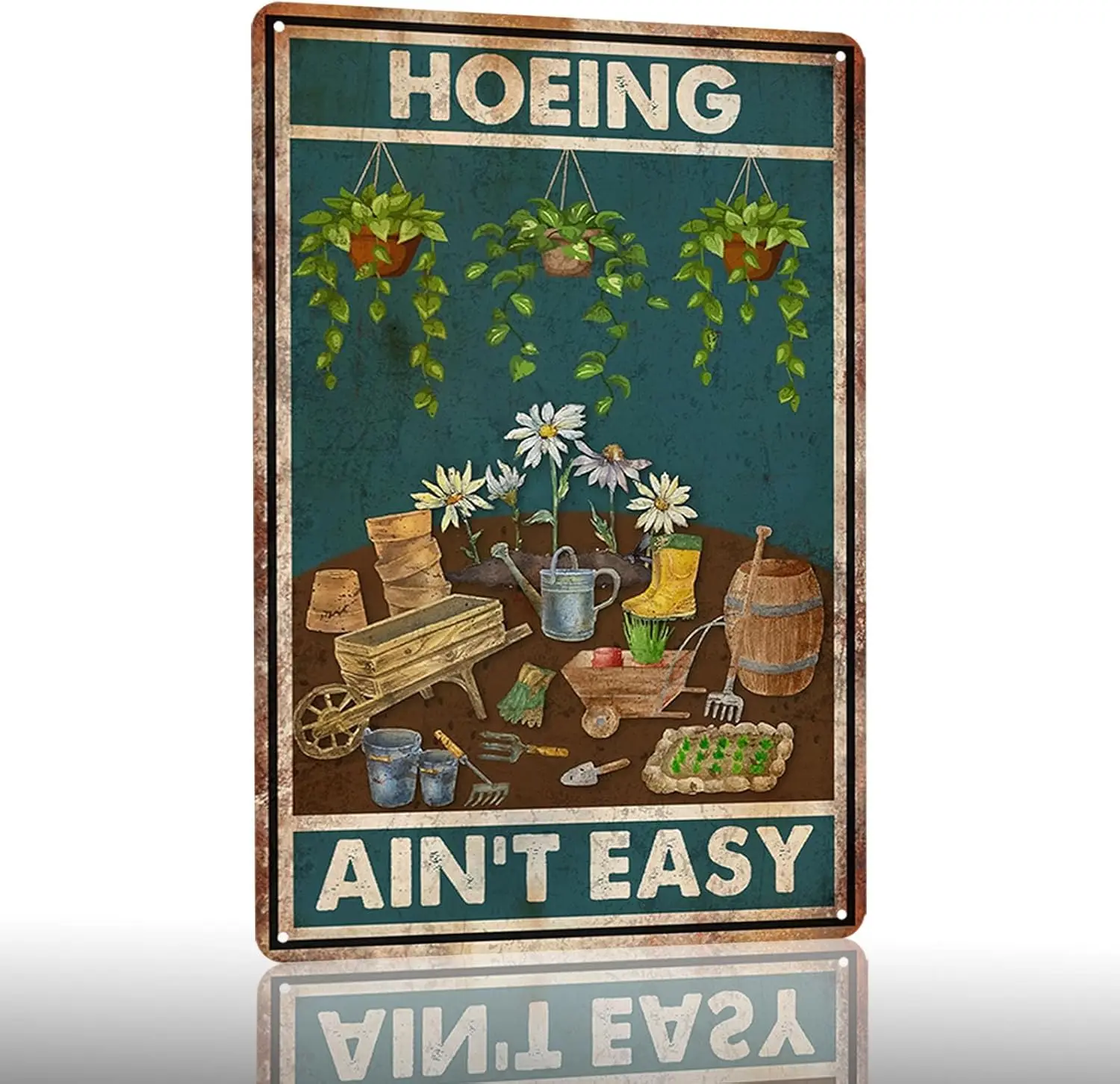 Funny Garden Decor Garden Metal Tin Sign Plant Lover Gifts Hoeing Aint Easy Signs Gardening Wall Art Decoration