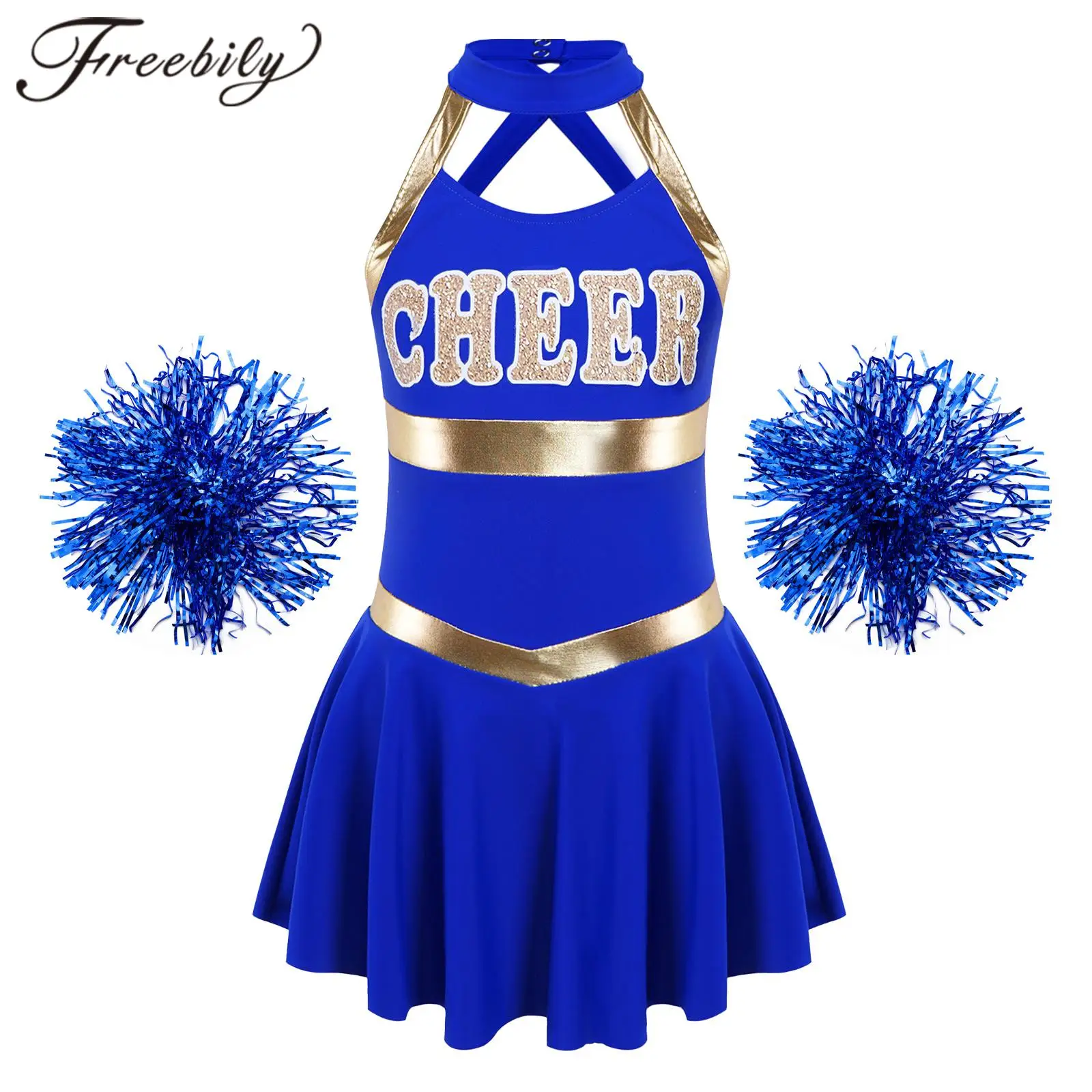 

Kids Cheerleader Uniforms Schoolgirls Cheerleading Costume with Flower Balls Sets for Halloween Cosplay Cheer Dancing Teamwear