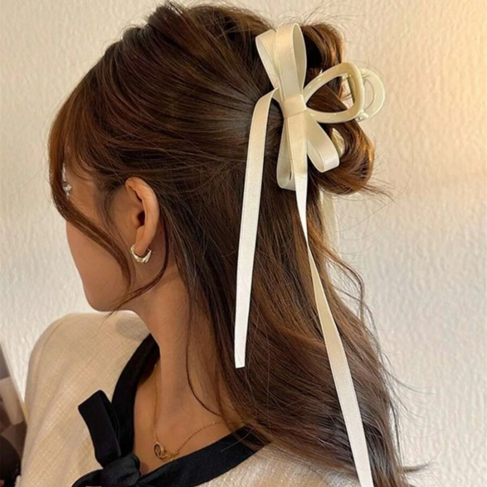 1PC Satin Schleife Haarklammer, elegantes langes Band Haarschmuck, schicke beige Haarspange für Frauen, trendige Hochsteckfrisur-Haardekoration