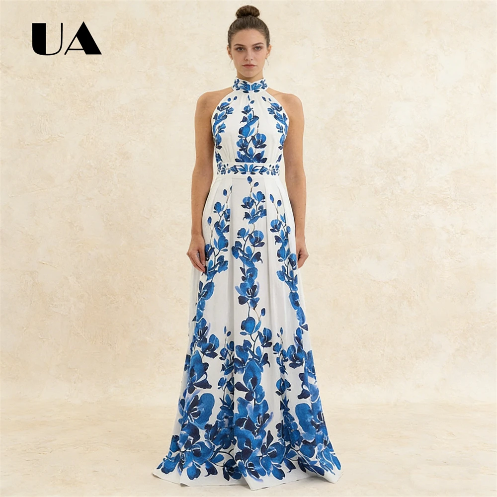 

Floral Halter Maxi Gown – Light Chiffon Fabric, High Neck & Flowy A-Line Skirt Women's Floral Print Formal Dress
