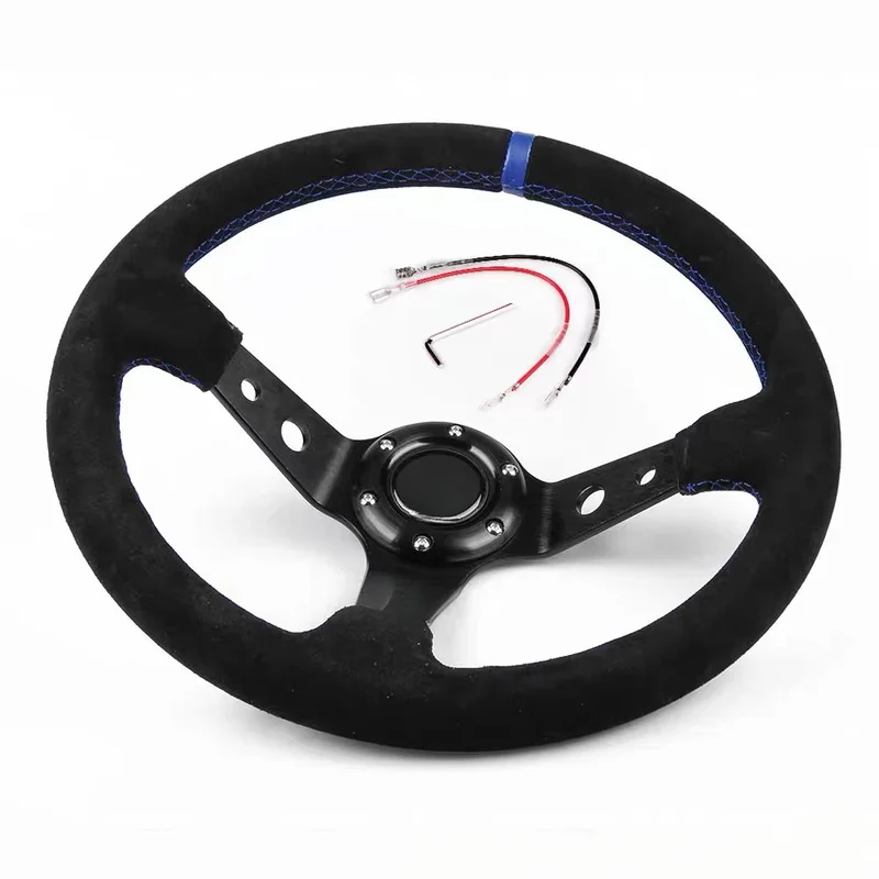 For Universal 14 Inch Thickened Deep Dish Racing Steering Wheel Suede Leather Modified Steering Wheel With Steering Wheel Horn C