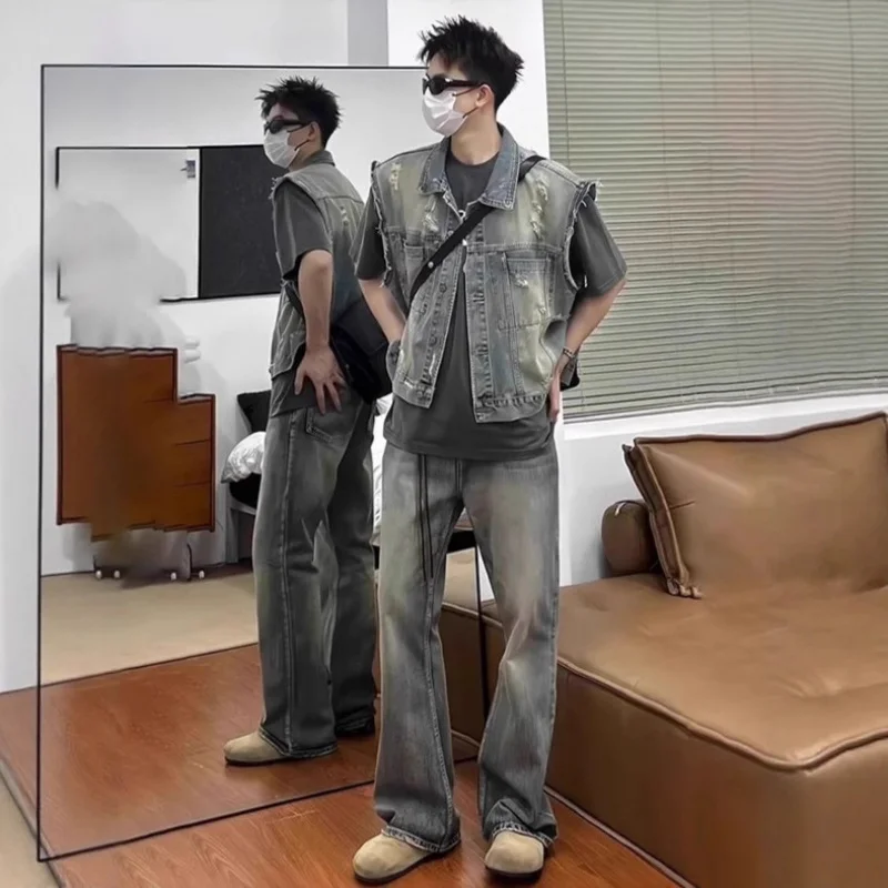 

American Retro Washed Distressed Short Vest Men, Sleeveless Loose Fit, Trendy And Stylish Spring And Autumn