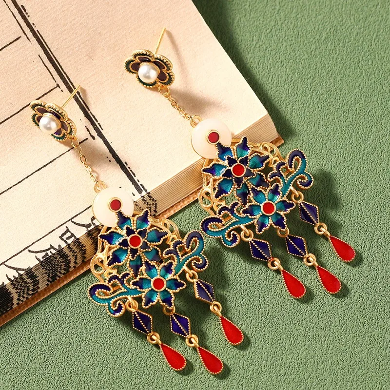 Chinoiserie Style Vintage Gold-plated Enamel Craft Flowers Jade Ping Buckle Tassels Lucky Earrings for Women Jewelry Hanfu Gift