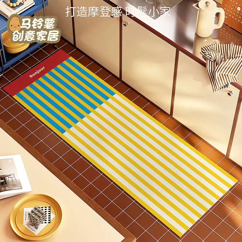 VIKAMA Red, Yellow And White Striped Kitchen Long Strip Floor Mat, Anti-Slip And Water-Absorbent Light Luxury Entrance Floor Mat
