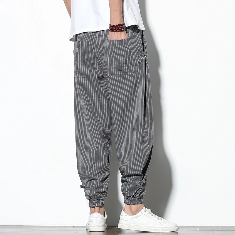 Prowow Spring Summer Disc Buckle Striped Harem Pants Mens Breathable Cotton Linen Pencil Pants Buckle Casual Fashion Trousers