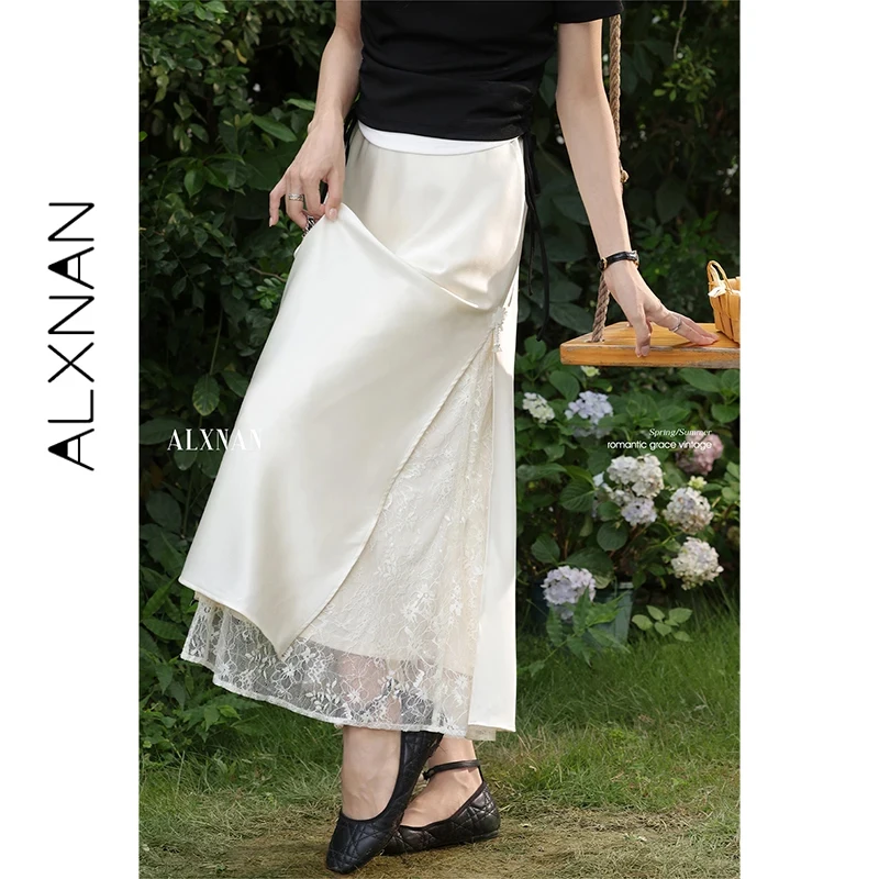 ALXNAN Women's Long Skirt Lace Patchwork A-line Elegant Midi Satin Skirts Holiday Beach Casual Elegant Female Clothing L55395
