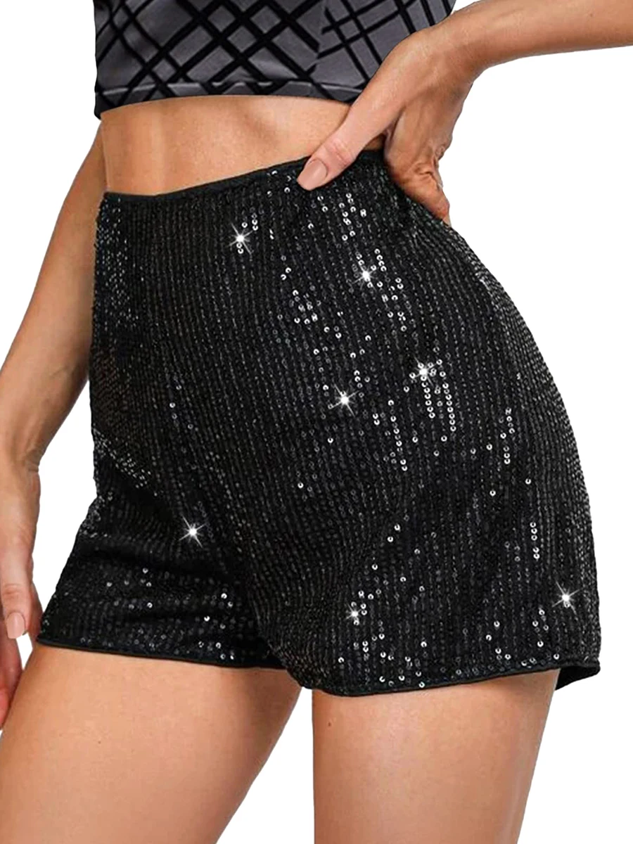 Qianderer Women s Sequin Shorts High Elastic Waist Sparkly Straight Leg Shorts Solid Glitter Sparkly Party Hot Shorts for Party