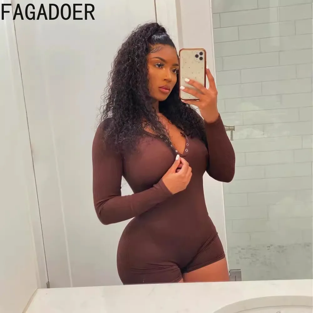 FAGADOER Brown Rib Autumn Winter New One Pieces Bodycon Rompers Women Long Sleeves Buttons Skinny Sport Streetwear Jumpsuits