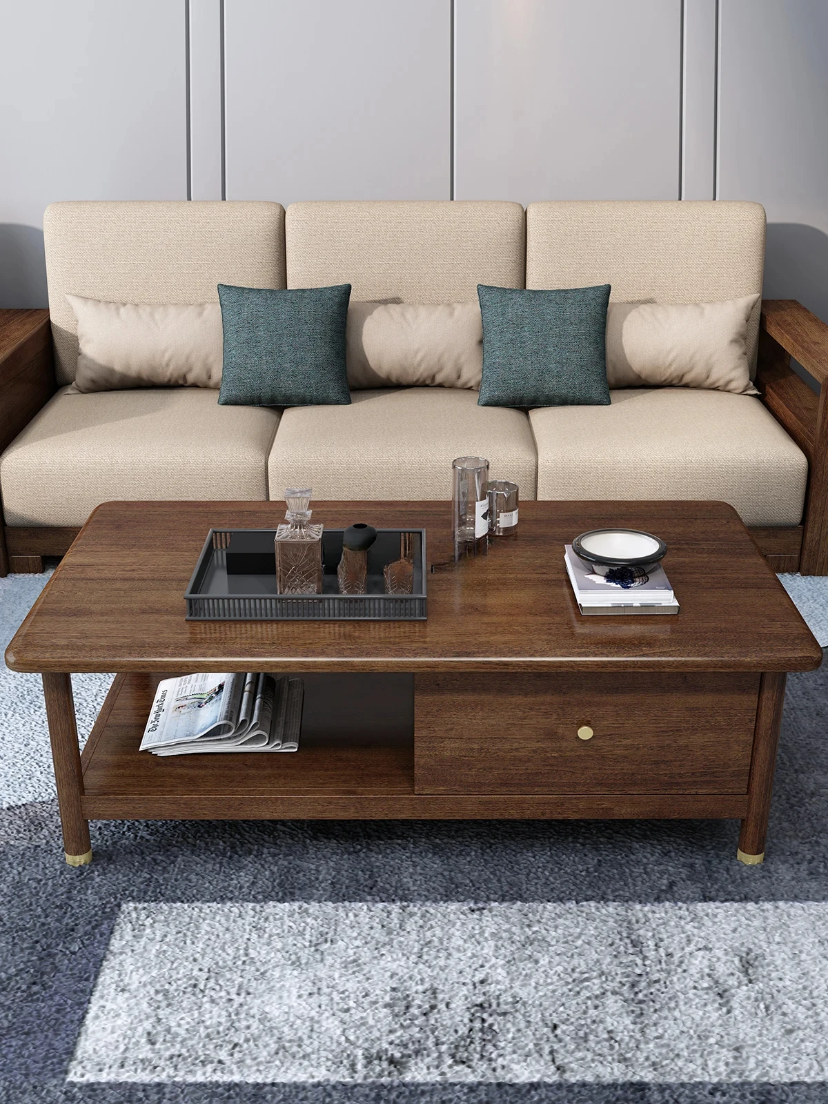 

New Chinese Style Coffee Table TV Cabinet Combination Living Room Home Simple Solid Wood Frame Coffee Table Desk