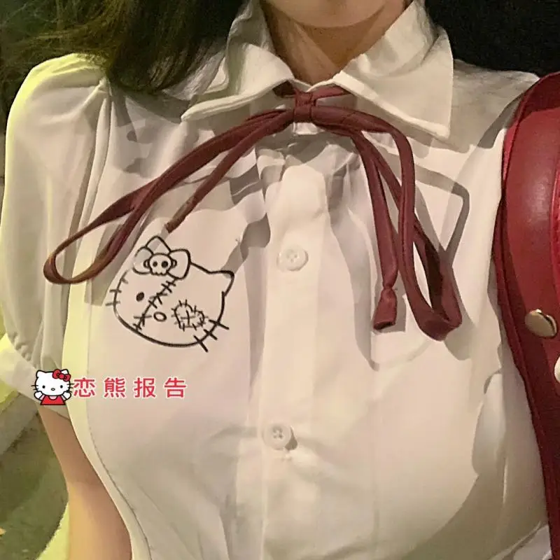 Sanrio Hellokitty Puff Sleeves Pure and Hot Girl Waist Japanese Shirt College Style White Short-sleeved Student Shirt