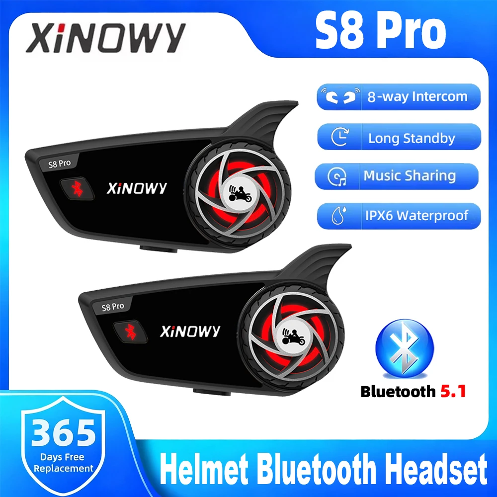 

Мотоциклетная гарнитура-интерком XiNOWy S8 PRO с поддержкой сети 3.0 + Bluetooth 5.1, обменом музыкой, водонепроницаемостью IPX6 и шумоподавлением