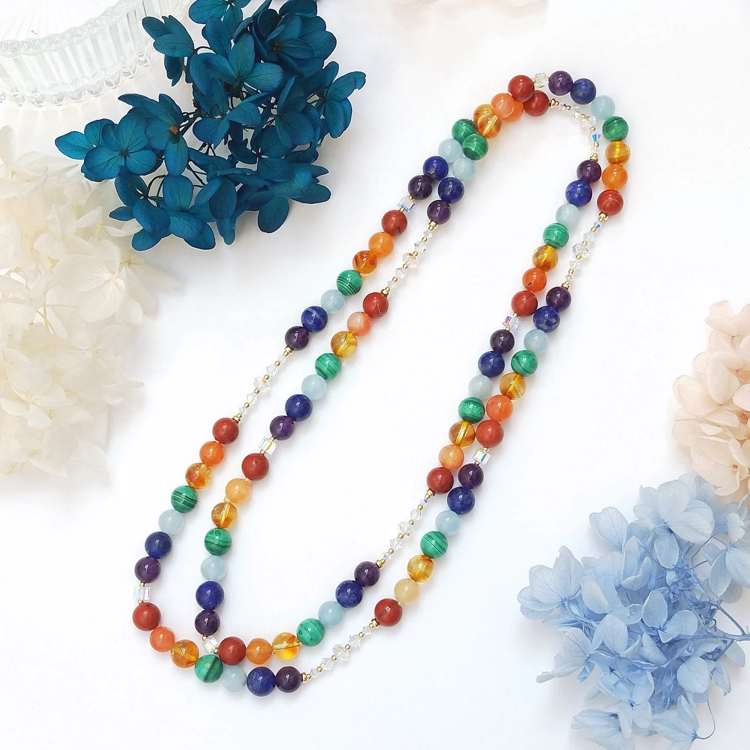 

Lii Ji 8mm 7 Chakras Natural Stone Aquamarine Malachite Lapis Lazuli Citrine Etc.14K Gold Filled Necklace Approx 96cm