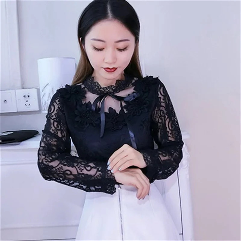 Spring Summer Long Sleeve Tie Bow Mesh Shirt Women Sweet Floral Lace Blouse Female Casual Slim Bottom Blouses Blusas Short Tops