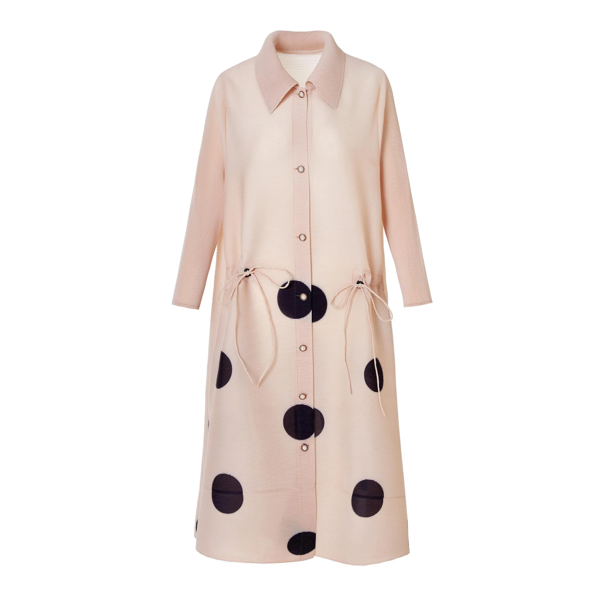 Miyake Pleated Dress Women\'s 2024 Spring New Fashion Polka Dot Print Lapel Mid-sleeve Loose Large Size Elegant Cardigan Dresses