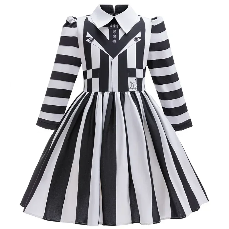 

Kid Girls Lapel Collar Black and White Striped Dress Movie Character Cosplay Christmas Costume