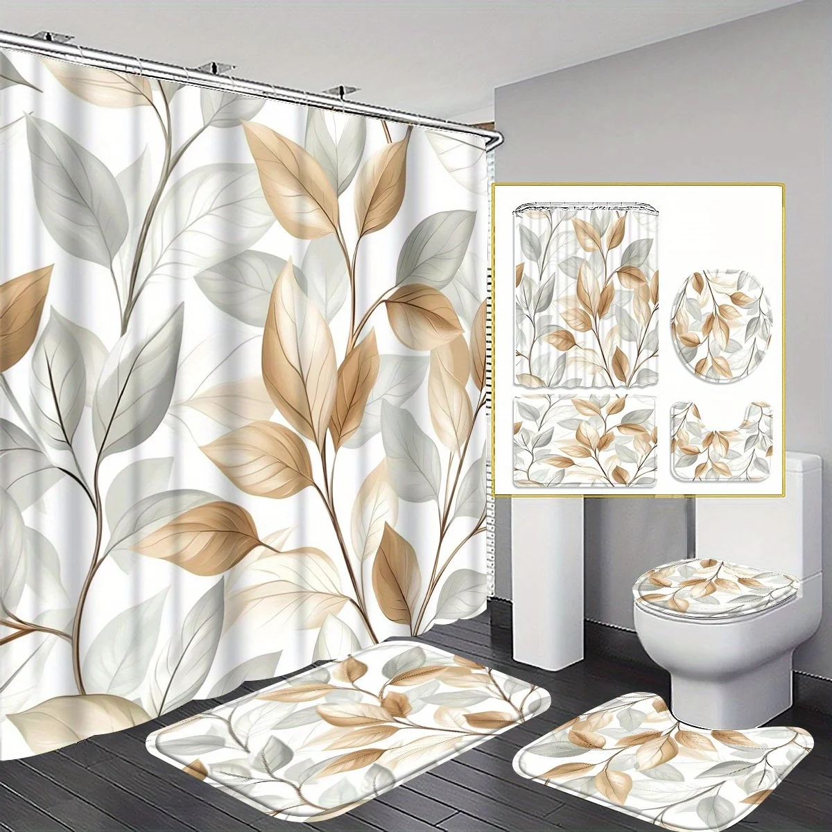 

4pc Simple leaf pattern bathroom set, machine washable, includes shower curtain, non-slip mat U-shaped mat and toilet seat cover