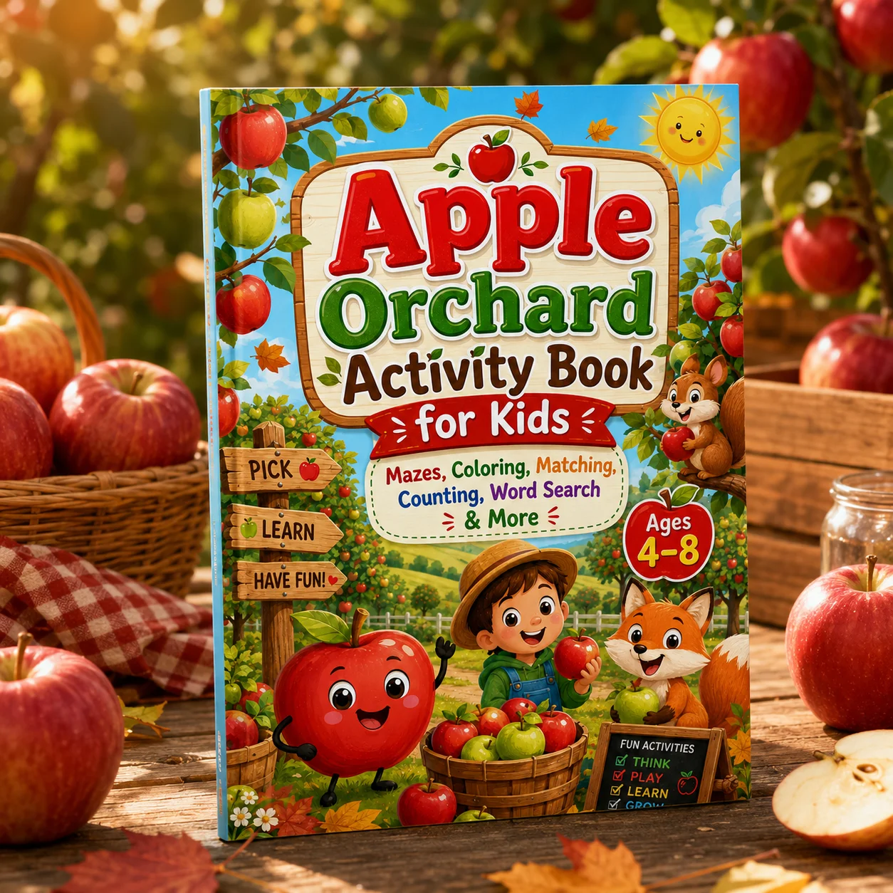 Apple Orchard Kids Activity Book, Fall Themed Mazes Coloring Workbook for Ages 4‑8