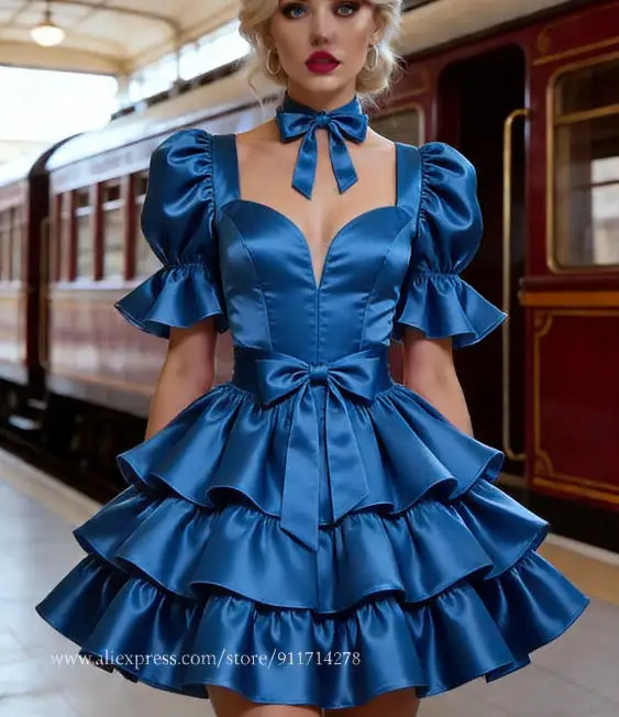 Kurzes Ballkleid mit Rüschen, Puffärmel, Mini-Cosplay-Party-Kostüm, maßgeschneidertes Heimkehr-Geburtstags-Abendkleid für besondere Anlässe