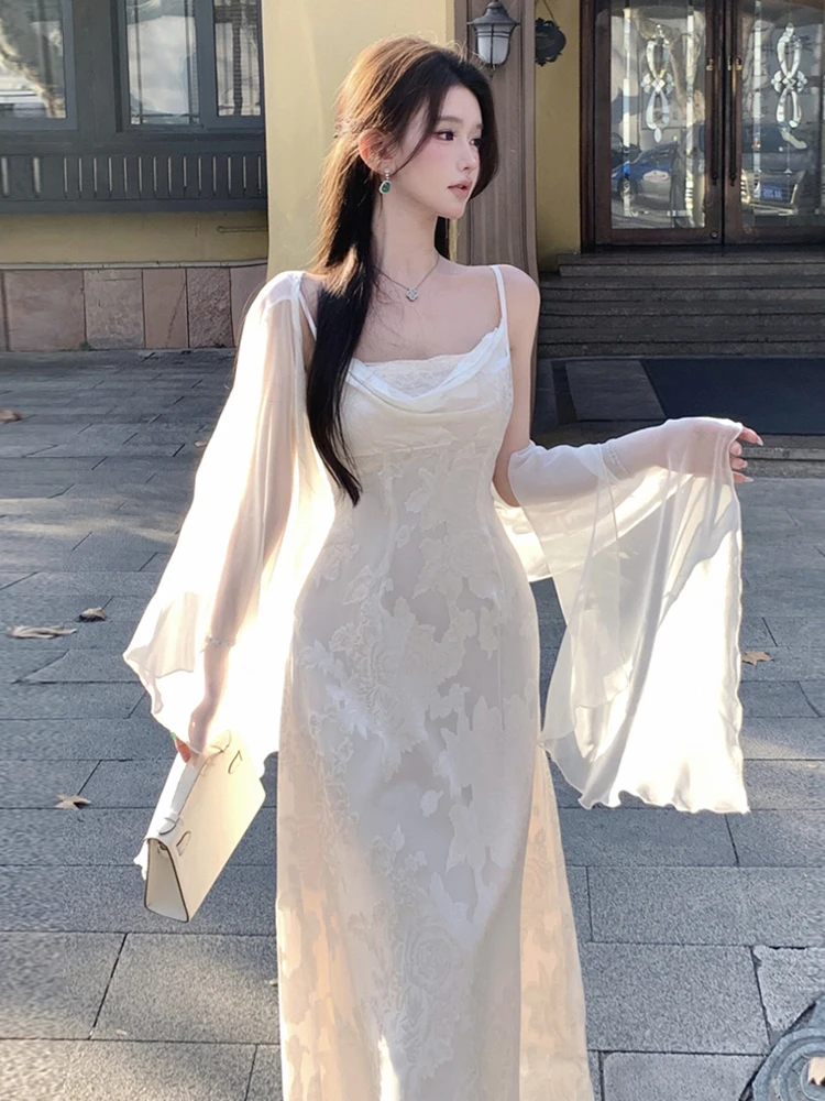 

Elegant Sexy Soft Style Embroidered Halter Neck Waist Cinched Strap Dress Sun Protection Open Cardigan Shawl Two Piece Set
