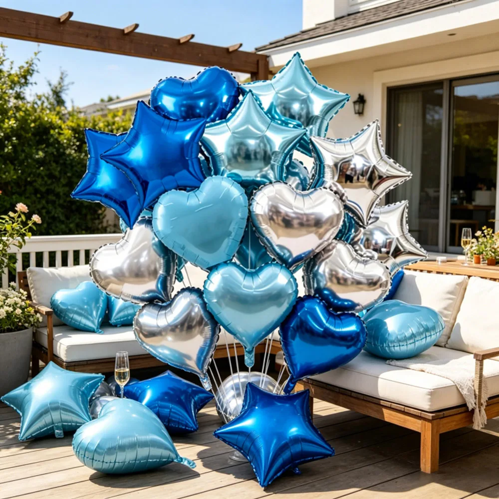 6/12/18 Stück 10 Zoll Blaue Silberne Stern- und Herzförmige Folienballons Geburtstag Hochzeit Babyparty Jubiläum Partydekoration Zubehör