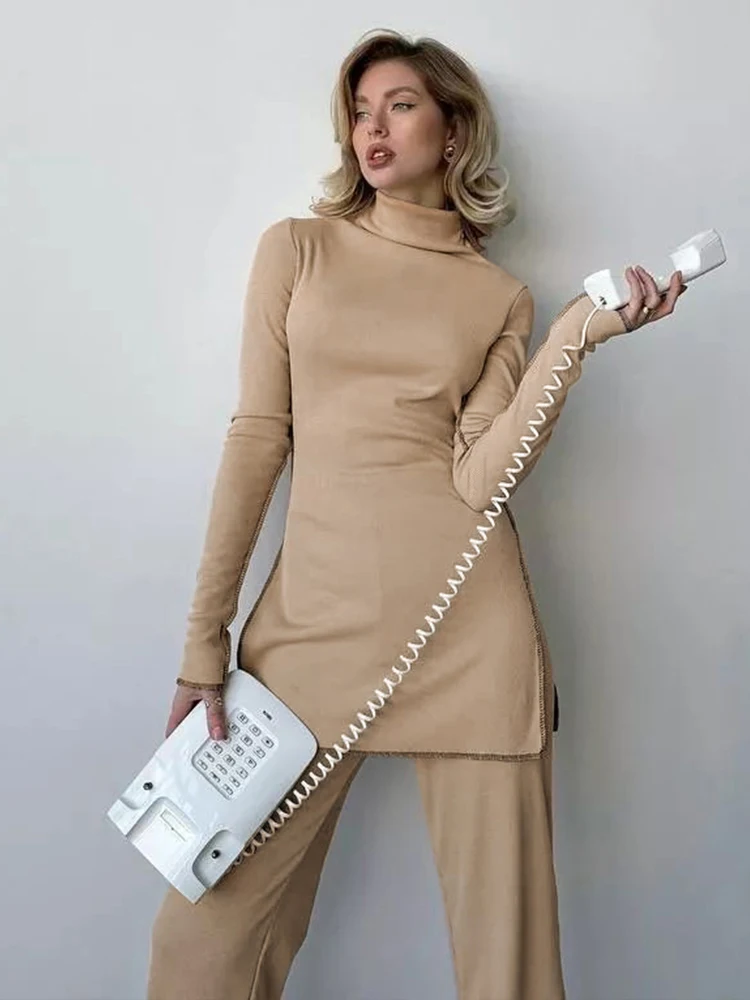 Kliou Stile Casual Set da 2 pezzi Dolcevita da donna Manica intera T-shirt con spacco laterale + Pantaloni lunghi solidi a vita alta Abiti semplici alla moda