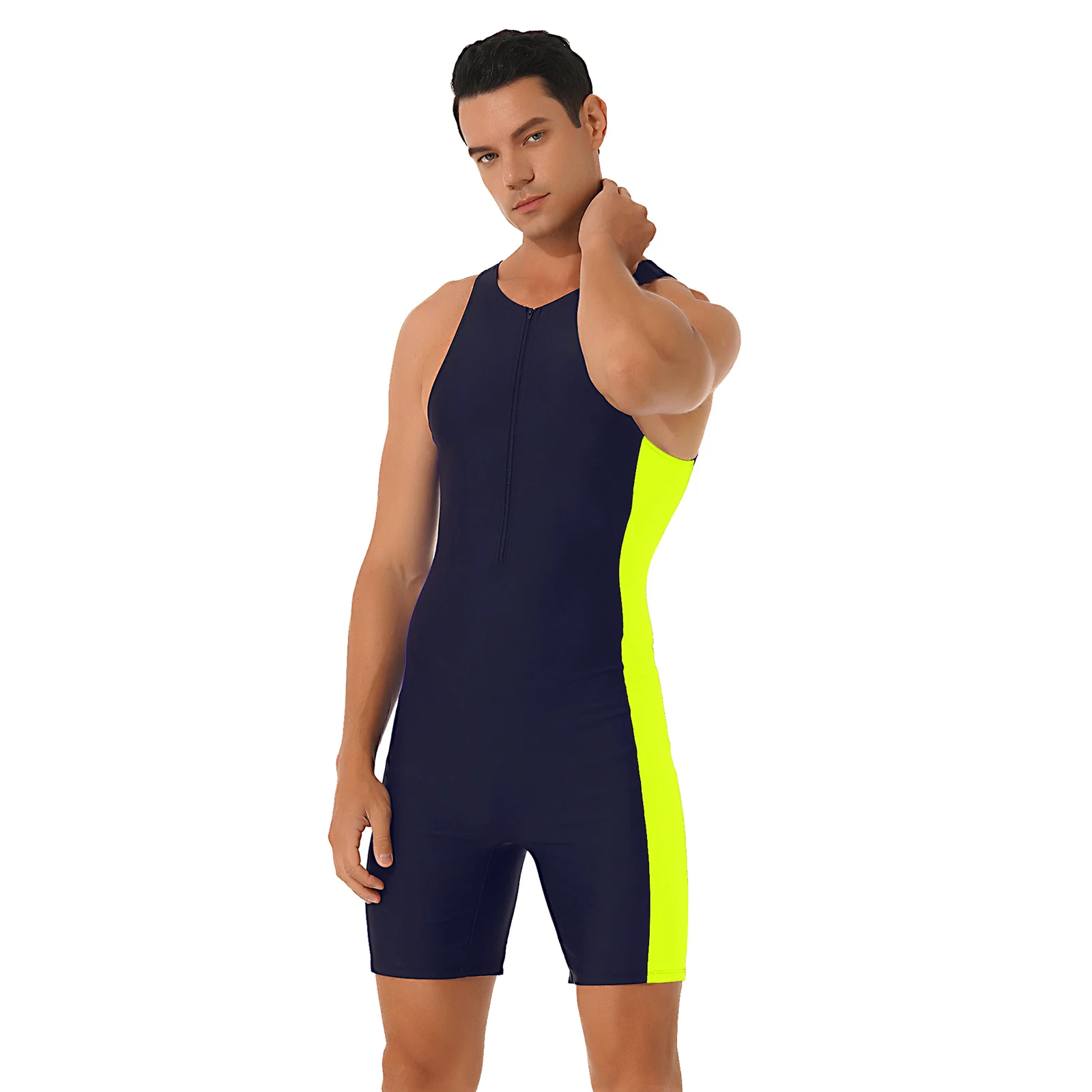 Tiaobug Mens Sleeveless Color Patchwork with Front Zipper Swimwear Jumpsuit Side Shorts Bodysuit Triathlon Wetsuit Beach Holiday