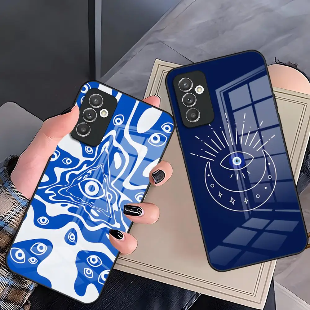 Cute Blue Evil Eye Phone Case For Samsung A25 A13 A33 5G A54 A36 A35 A56 A52 A14 Shockproof Glass Cover