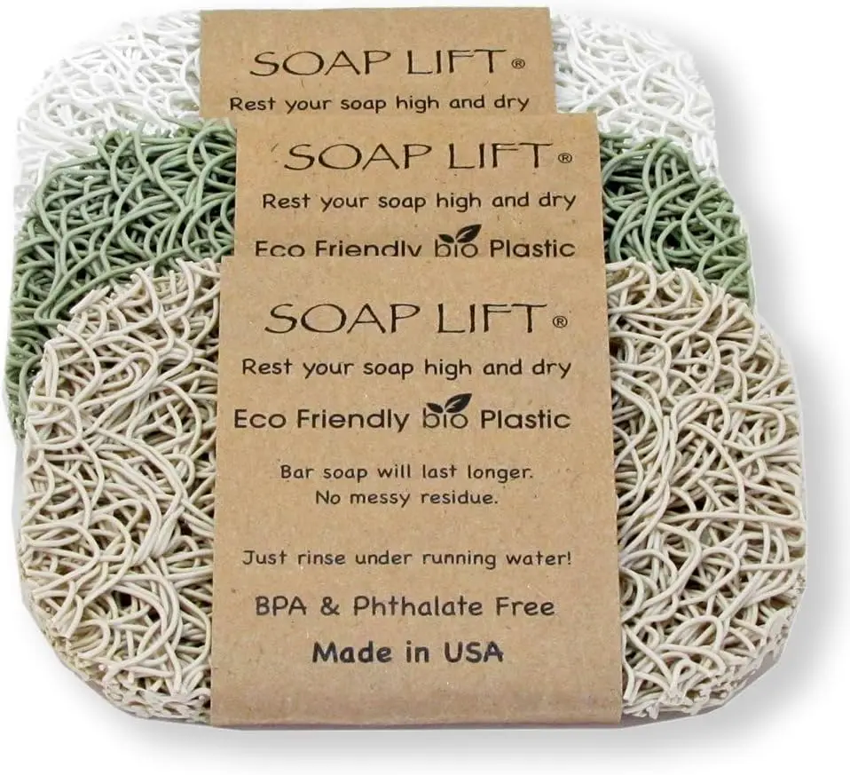 

Flexible Soap Holder with Self-Draining Design, BPA-Free Bioplastic, 3-Pack for Shower and Sink in Sage, Bone & White