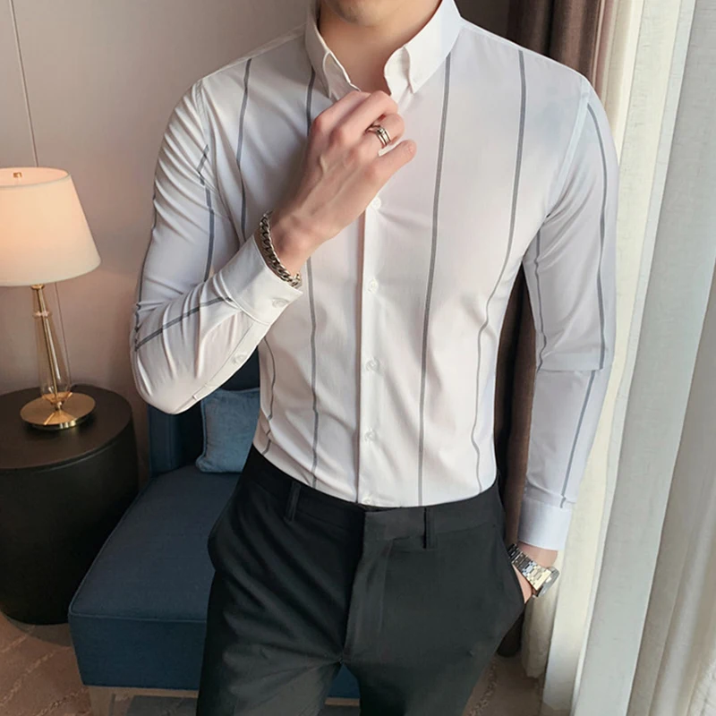 

M-5xl Business Stripe Fashion Shirt Men's Long Sleeve High Quality Luxury Elegant Slim Fit Formal Social Clothing