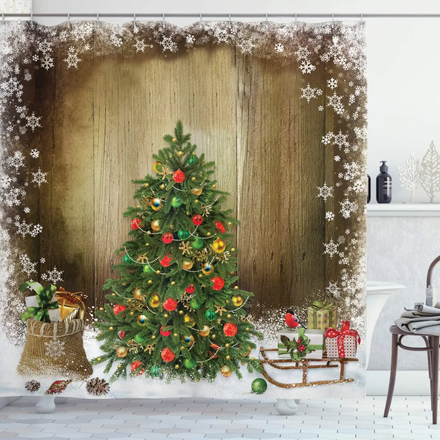 

Christmas Shower Curtain, Pine Tree with Present Boxes on Snowy Board Xmas At Countryside Theme, Bathroom Decor Sets,Multicolor