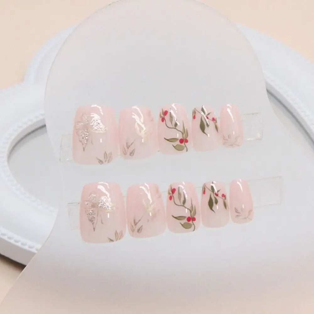 Fashion Long Ballerina False Nails Red Leaf Pink Glitter Nail Tips Detachable Full Cover Fake Nails DIY