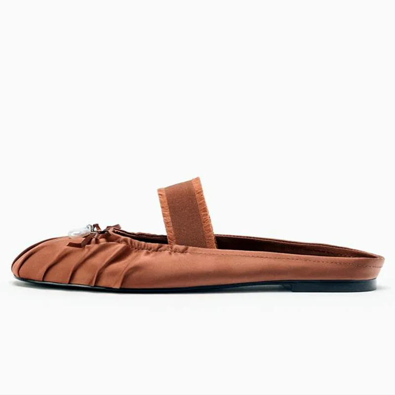 

Brand Pearl Luxury Slippers for Women Satin Pleated Elegant Slides Light Comfort 2026 New Designer Ballet Flats Women Mules