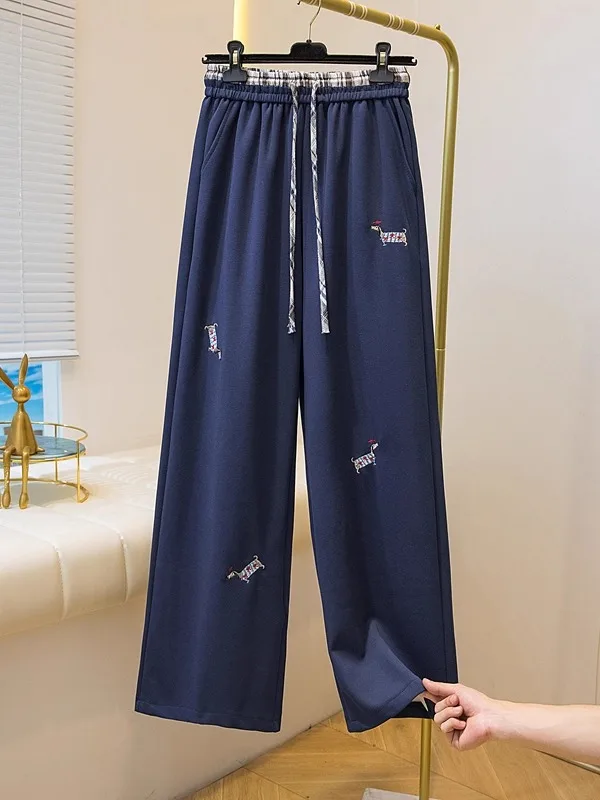 

Blue Embroidered High Waist Straight Leg Pants Casual Trousers for plus Size Women Autumn Winter Faion Korean Sle