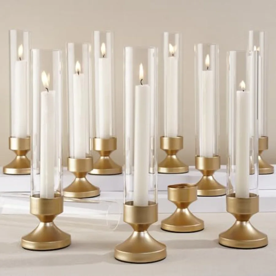 

Hurricane Glass Candle Holders, Set of Metal Taper Candlesrick Holders for Centerpieces Tall Gold Candle Stands Bulk with Glass
