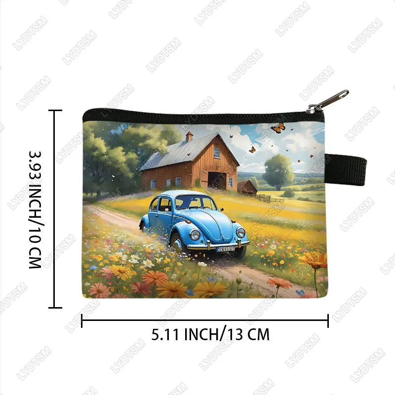 Vintage Car Rural Landscape Pattern Coin Bag Retro Car Women Card Key Earphone Holder Wallet Money Bag Zipper Pouch