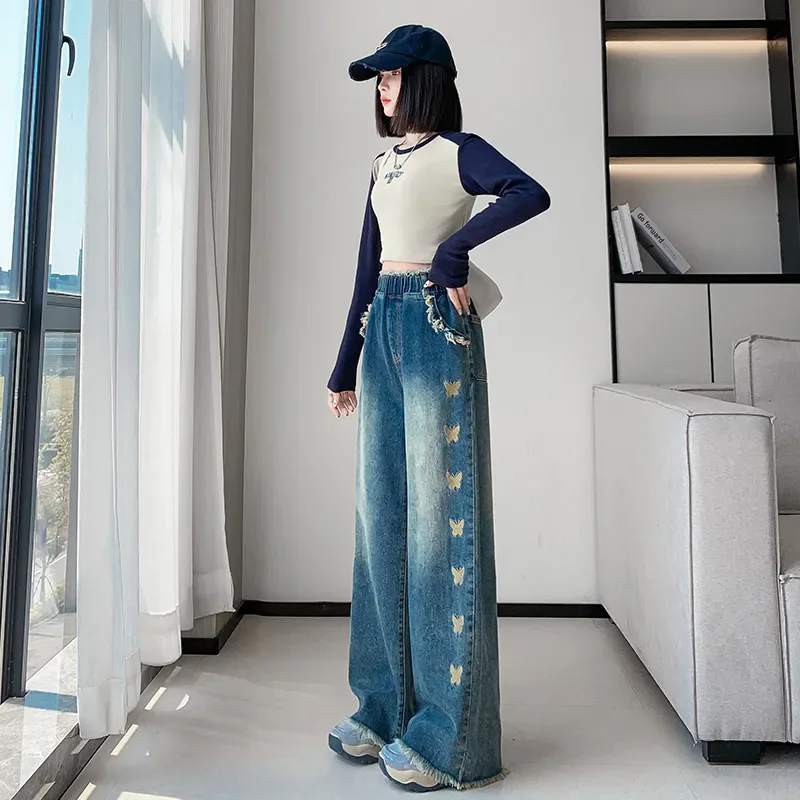 Plus Size 3XL Fat Fleece Jeans For Women Straight Trousers Wide Leg Loose Fit Tight Elastic Waist Slimming For Women Denim Pants