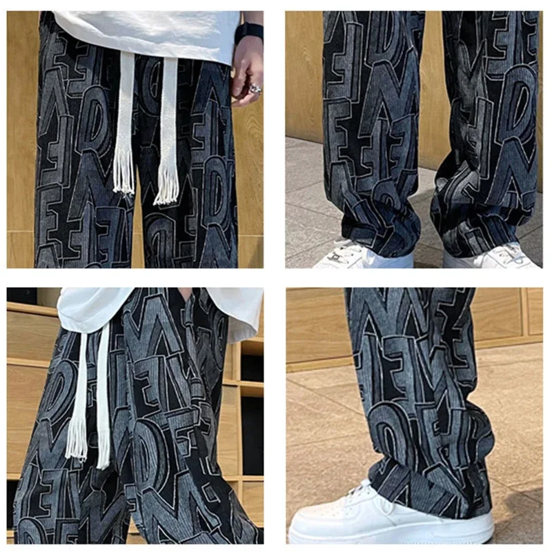 Autumn Streetwear Allover Print Pants Drawstring Preppy Casual Male Baggy pantalones Hip Hop Straight Sweatpants Loose Trousers