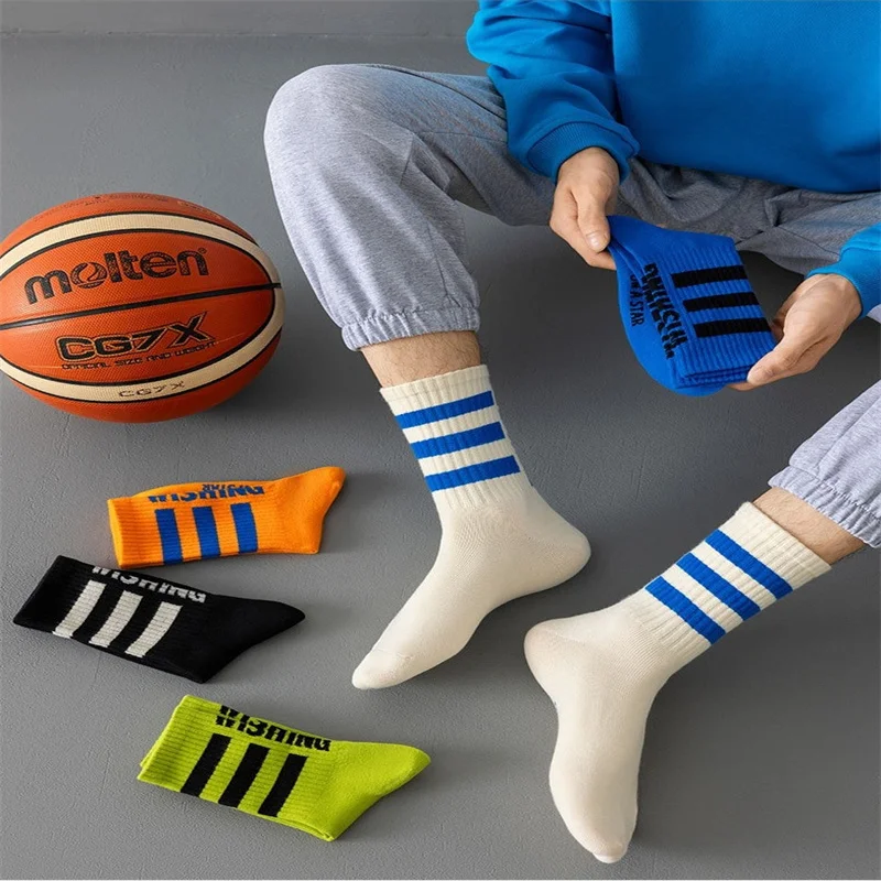 Men\'s Striped Sports Socks, Basketball Socks, Comfortable And Breathable Outdoor Casual Socks, Suitable For Wearing All Seasons