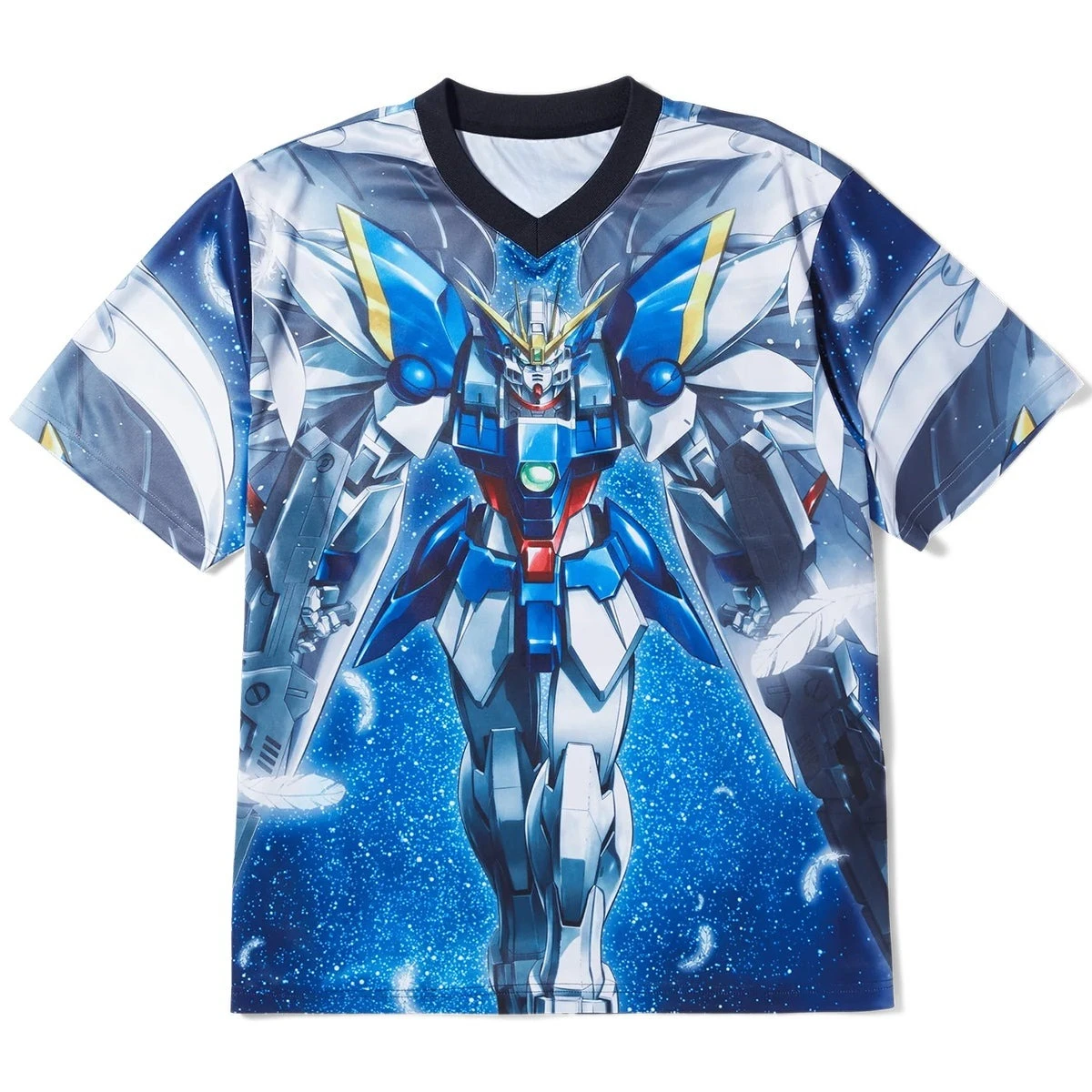 Camiseta HUF X Gundam Wing Zero Anime com Decote em V para Homens e Mulheres, Estampa Sublimada Completa, Top Streetwear Space Feather