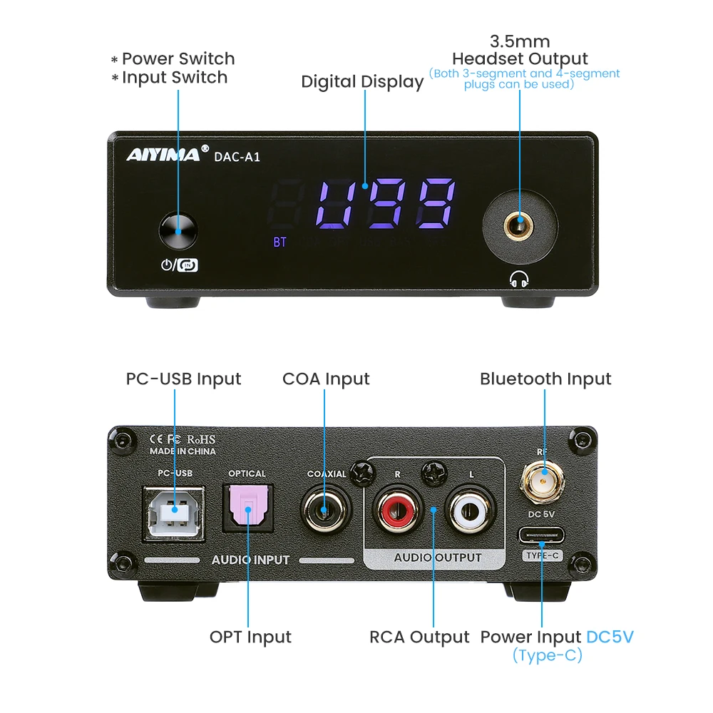 AIYIMA DAC-A1 Headphone Amplifier Decoder ES9018Q2M Bluetooth 5.0 Decoder Coaxial Optical USB DAC APTX-HD Linux Remote Control