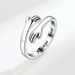 Vintage Silver Color Love Hugging Hands Couple Ring For Men And Women Always With You Forever Adjustable Open Cuff Rings Jewelry