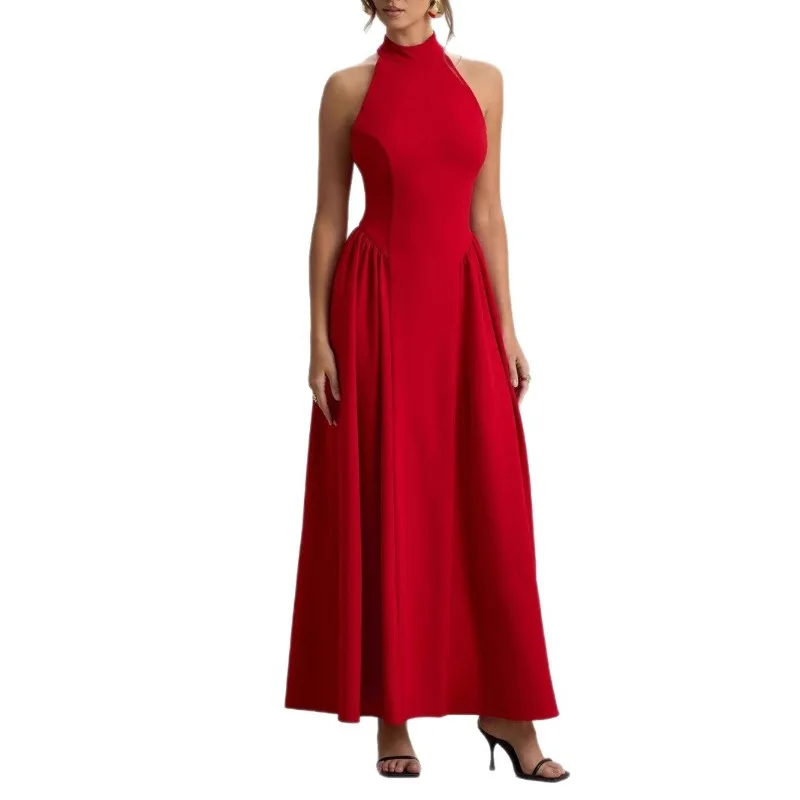 여성용 홀터 코르셋 게스트 웨딩 드레스, 우아한 민소매 슬림 셀럽 스타일 주름 파티 머메이드 이브닝 정장 롱 드레스